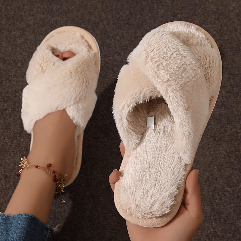 Chaussons de mode pour femme en peluche de couleur unie avec lanières croisées