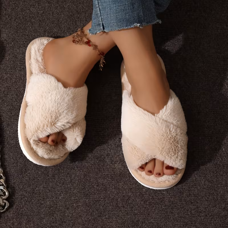 Chaussons de mode pour femme en peluche de couleur unie avec lanières croisées vue 2
