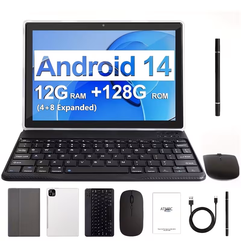 Tablette Android 14 10,1 Pouces – 128 Go, 12 Go RAM, Octa-Core, Wi-Fi 6 avec Clavier, Souris, Étui et Stylet